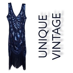 Unique Vintage 1920s Blue Sequin Flapper Dress Size M